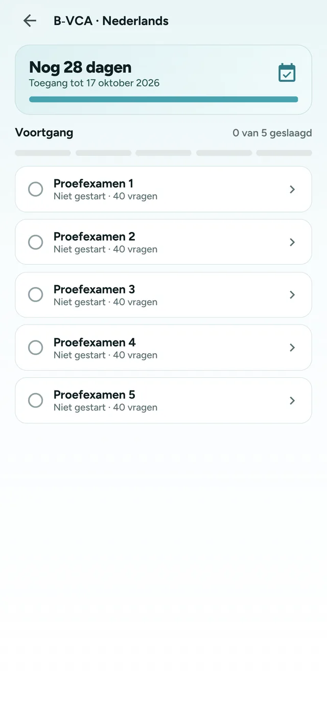 Overzicht van vijf proefexamens in de app