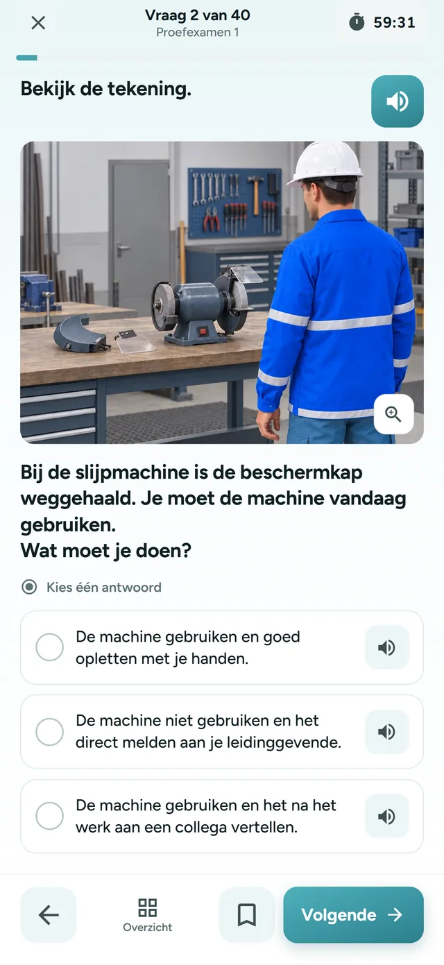 Een vraag uit een VCA-proefexamen in de app